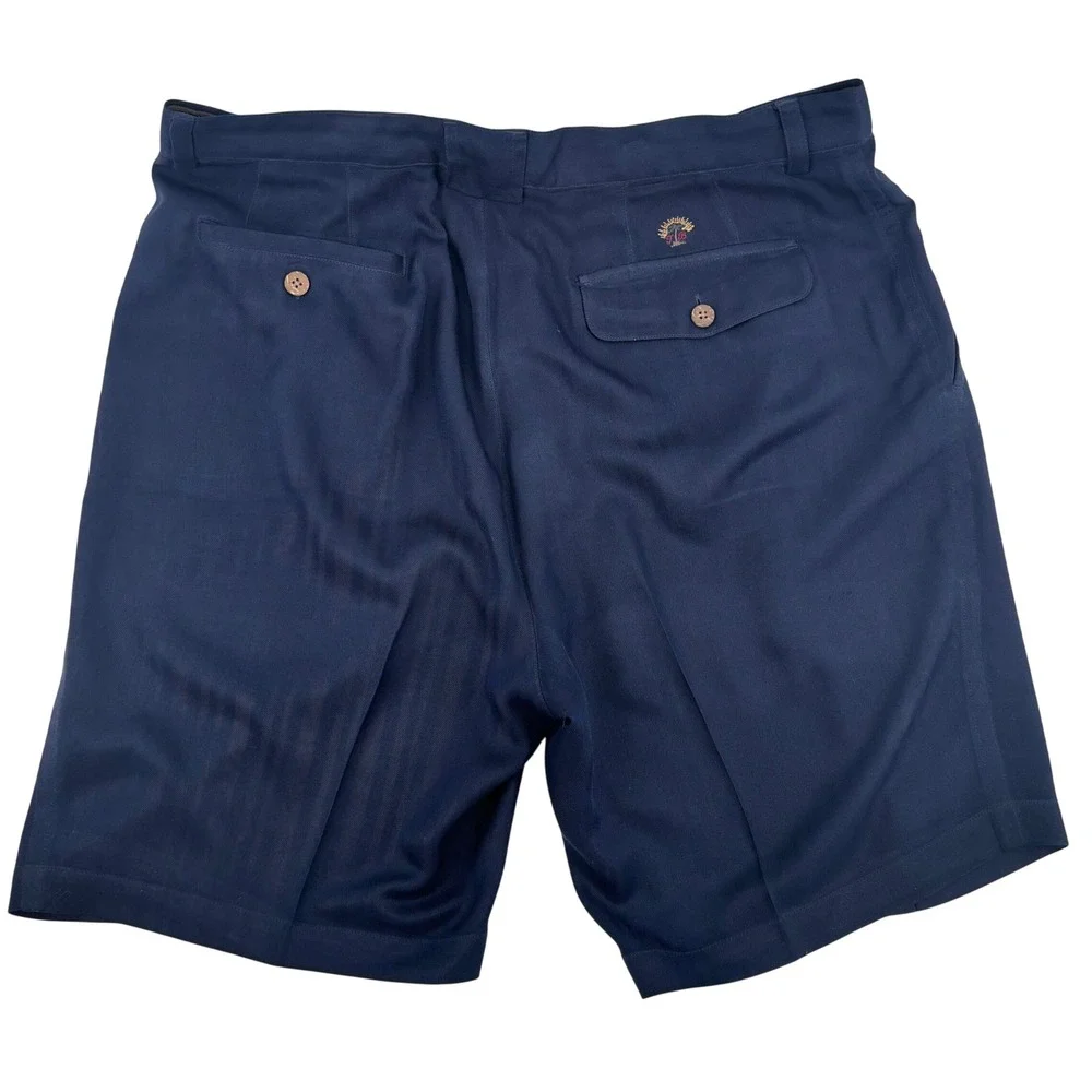 Tommy Bahama Vintage 100% Silk Pleated Shorts Navy Blue Herringbone Mens 34
